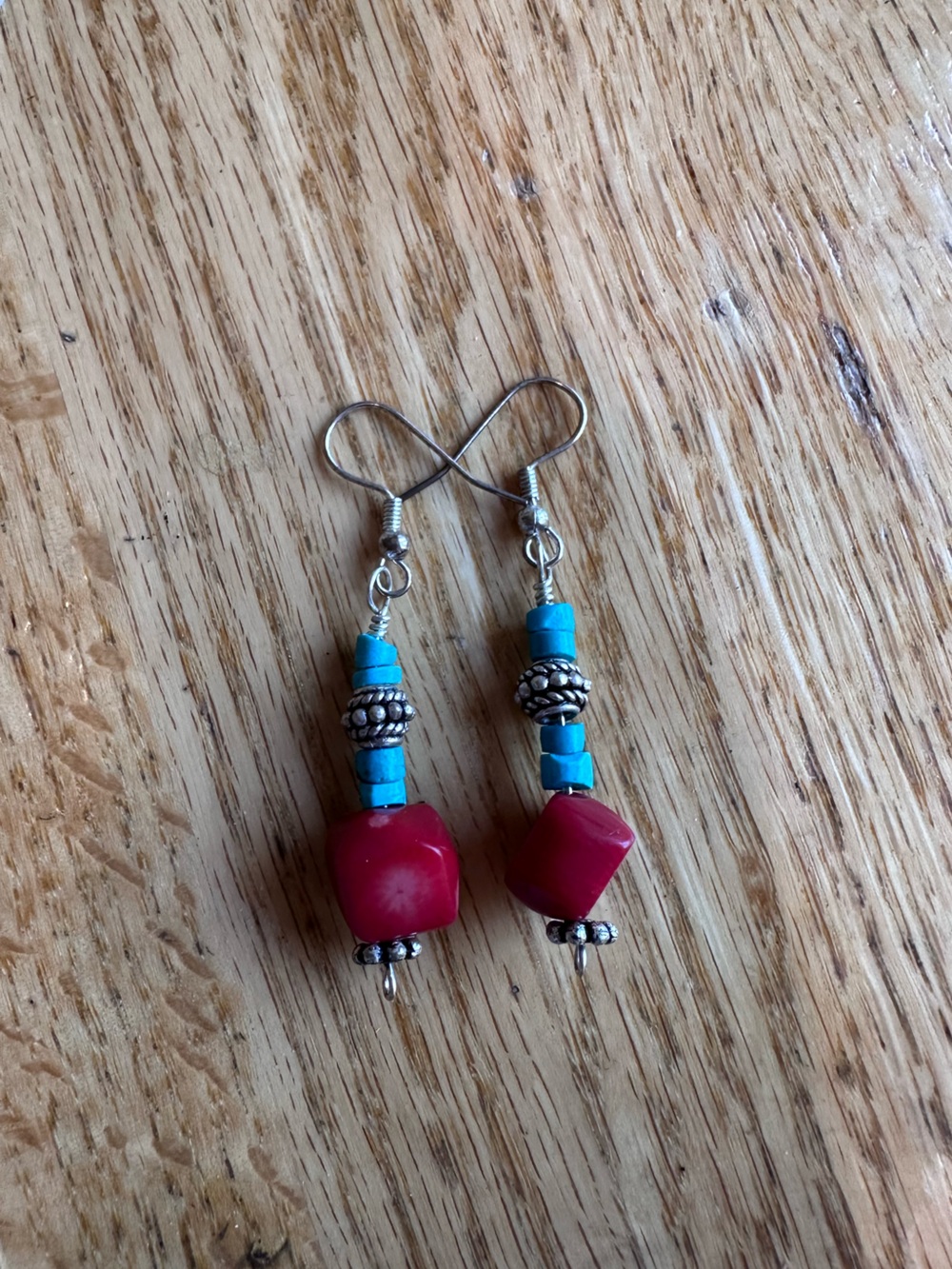 Faux turquoise and coral dangle earrings